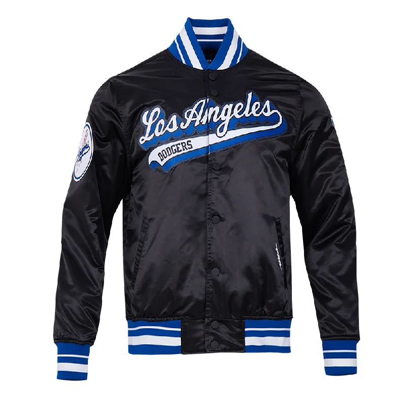 men's zippered windbreaker jackets -MLB LOS ANGELES DODGERS SCRIPT TAIL MEN'S SATIN JACKET (BLACK/DODGER BLUE)