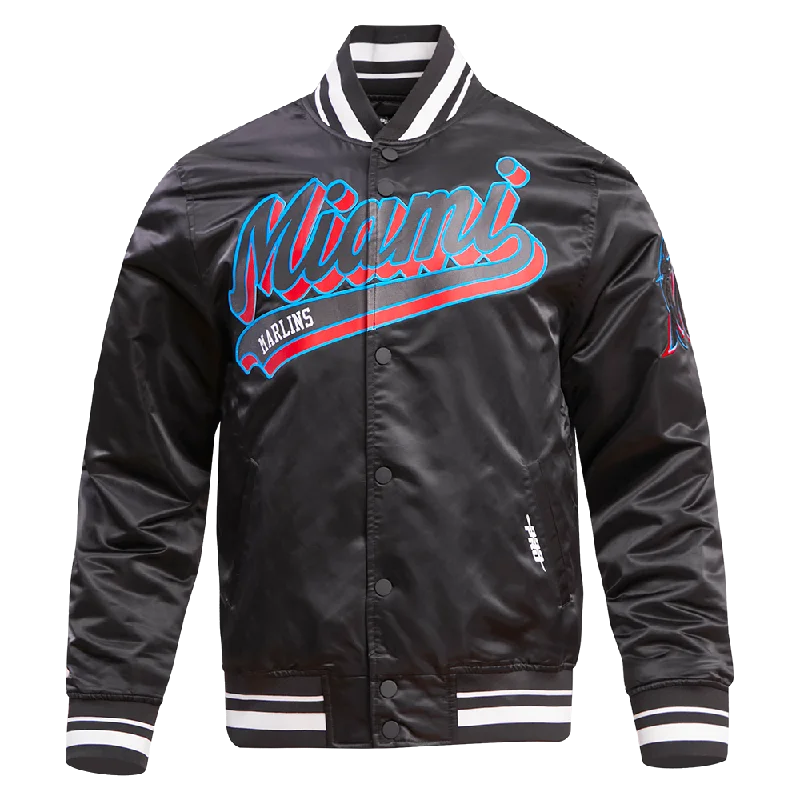 men's formal jackets -MLB MIAMI MARLINS SCRIPT TAIL MEN'S SATIN JACKET (BLACK)