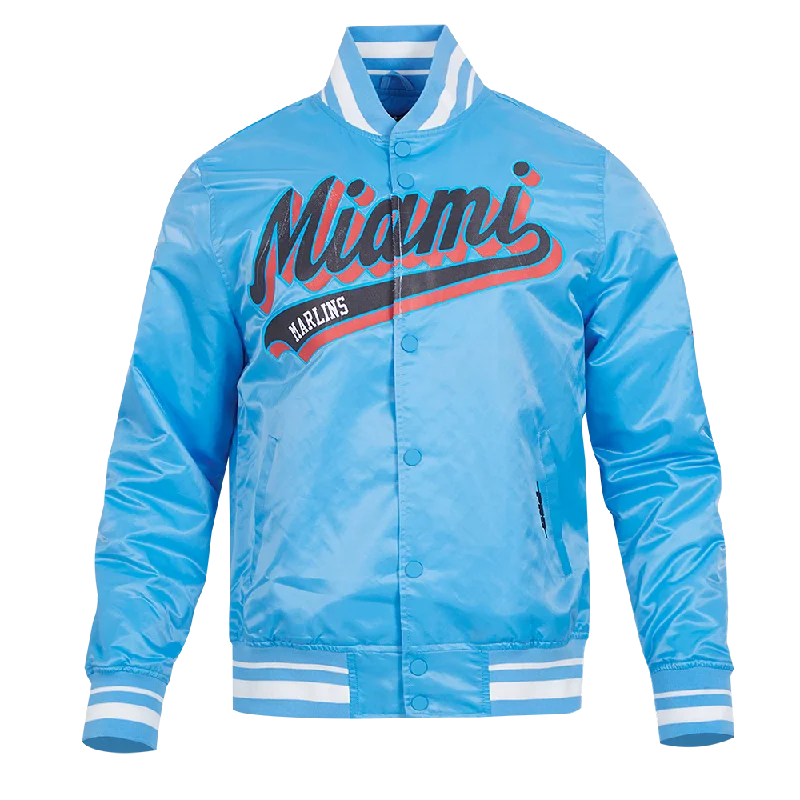 men's sleek jackets -MLB MIAMI MARLINS SCRIPT TAIL MEN'S SATIN JACKET (UNIVERSITY BLUE)