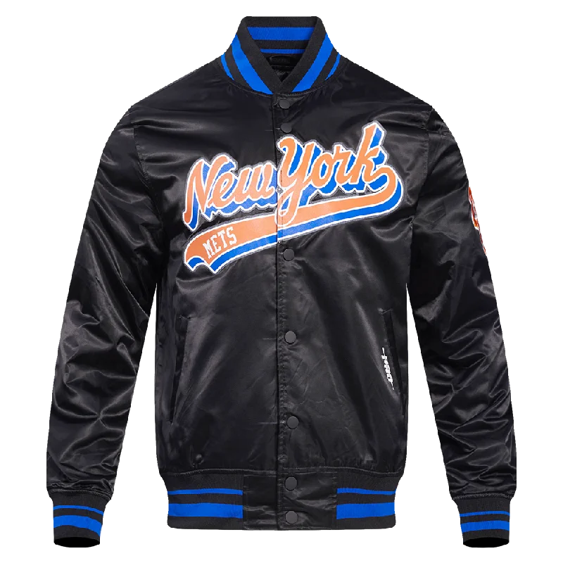 men's designer jackets -MLB NEW YORK METS SCRIPT TAIL MEN'S SATIN JACKET (BLACK/ROYAL BLUE/BLACK)