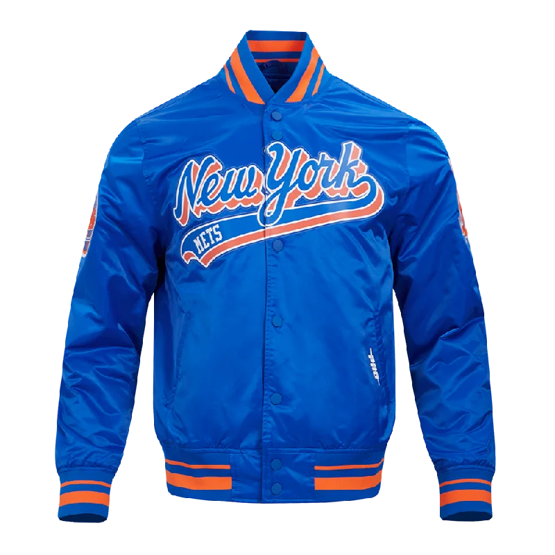 men's cargo jackets -MLB NEW YORK METS SCRIPT TAIL MEN'S SATIN JACKET (ROYAL/ORANGE/ROYAL)