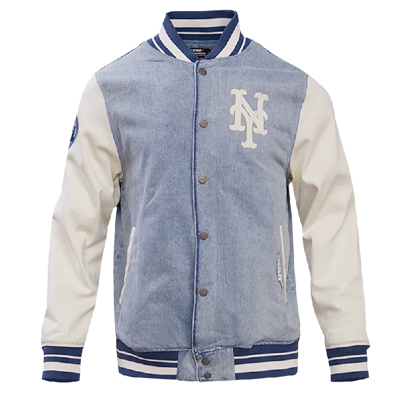 men's jacket with fur collar -MLB NEW YORK METS VARSITY BLUES MEN'S DENIM VARSITY JACKET (DENIM/LINEN)