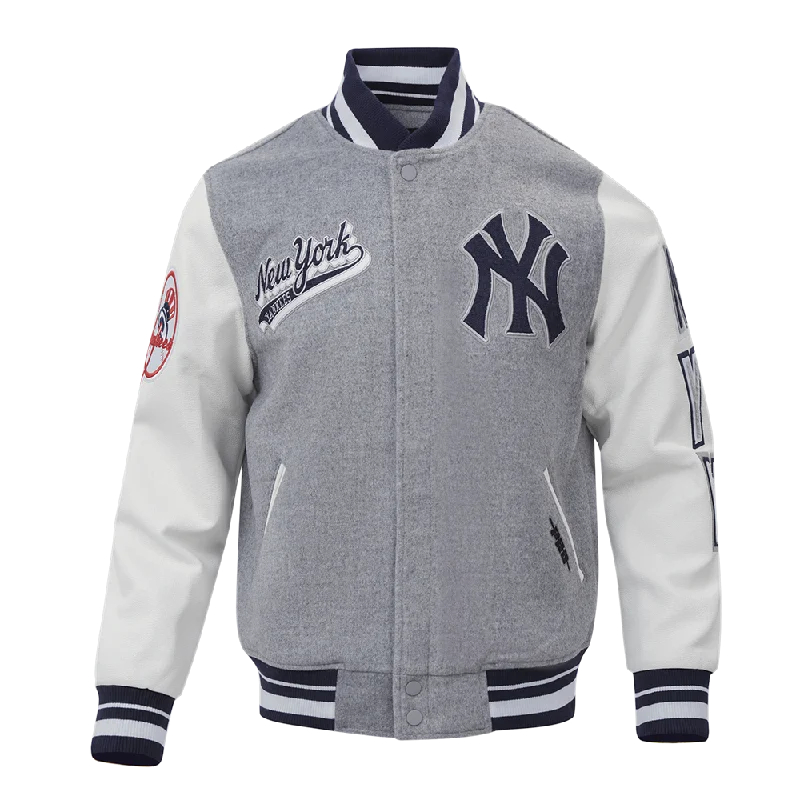 men's fashion jackets -MLB NEW YORK YANKEES SCRIPT TAIL MEN'S RIB WOOL VARSITY JACKET (HEATHER GREY/WHITE/MIDNIGHT NAVY)