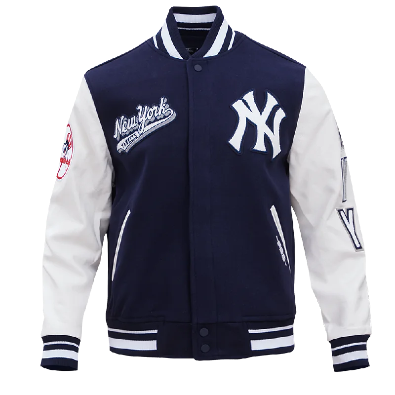 men's blazer jackets -MLB NEW YORK YANKEES SCRIPT TAIL MEN'S RIB WOOL VARSITY JACKET (MIDNIGHT NAVY/WHITE)