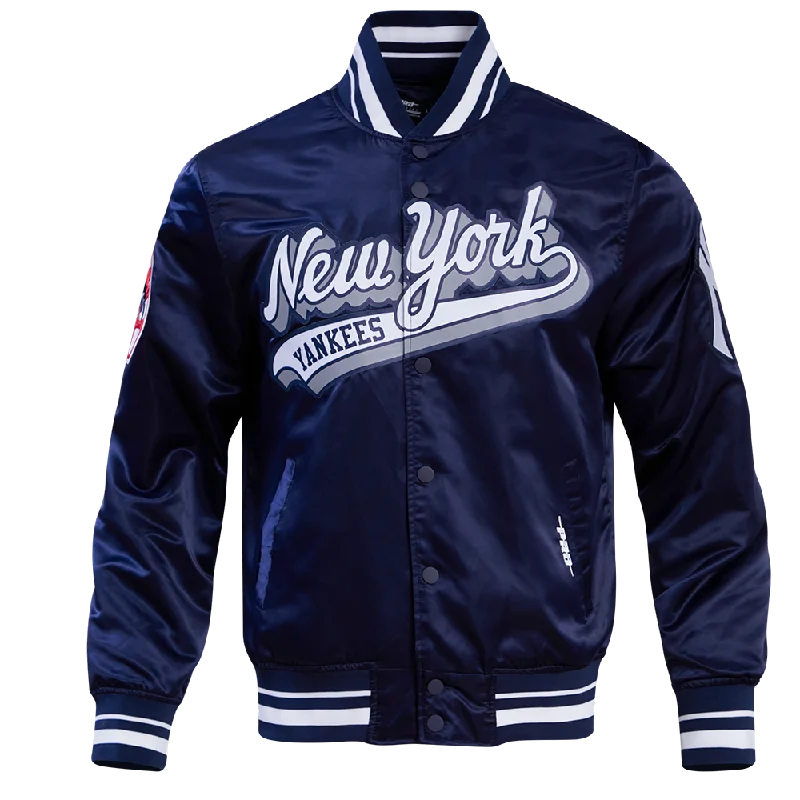 men's bomber jackets for winter -MLB NEW YORK YANKEES SCRIPT TAIL MEN'S RIB SATIN JACKET (MIDNIGHT NAVY)