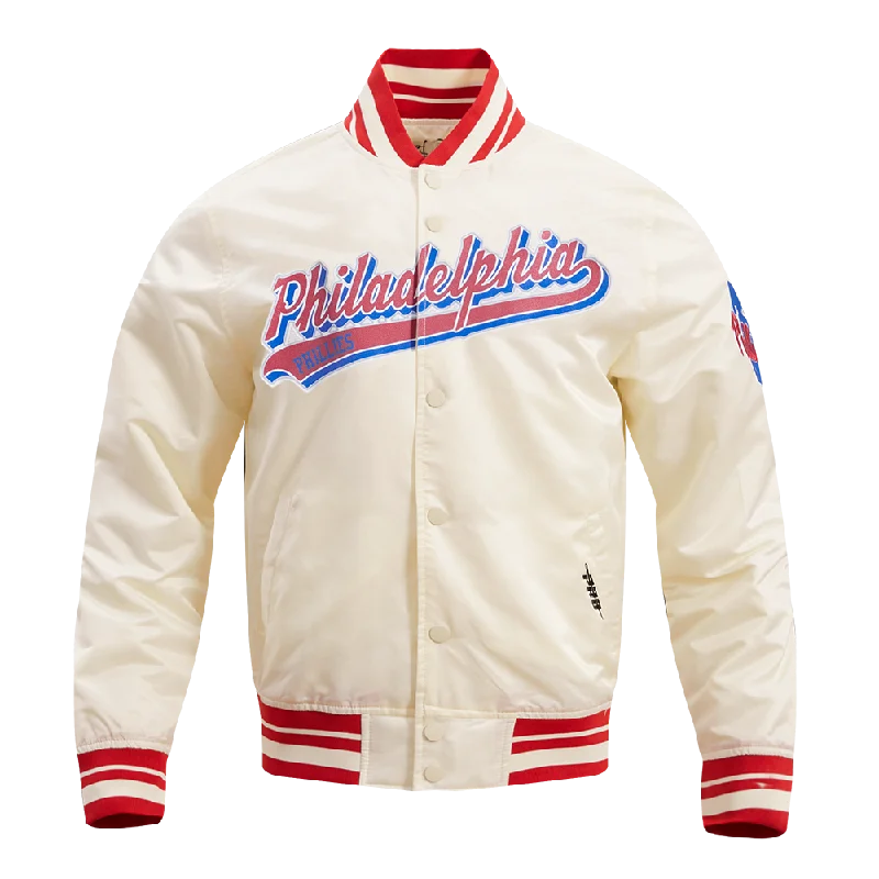 men's coat jackets for winter -MLB PHILADELPHIA PHILLIES SCRIPT TAIL MEN'S SATIN JACKET (EGGSHELL/ RED)