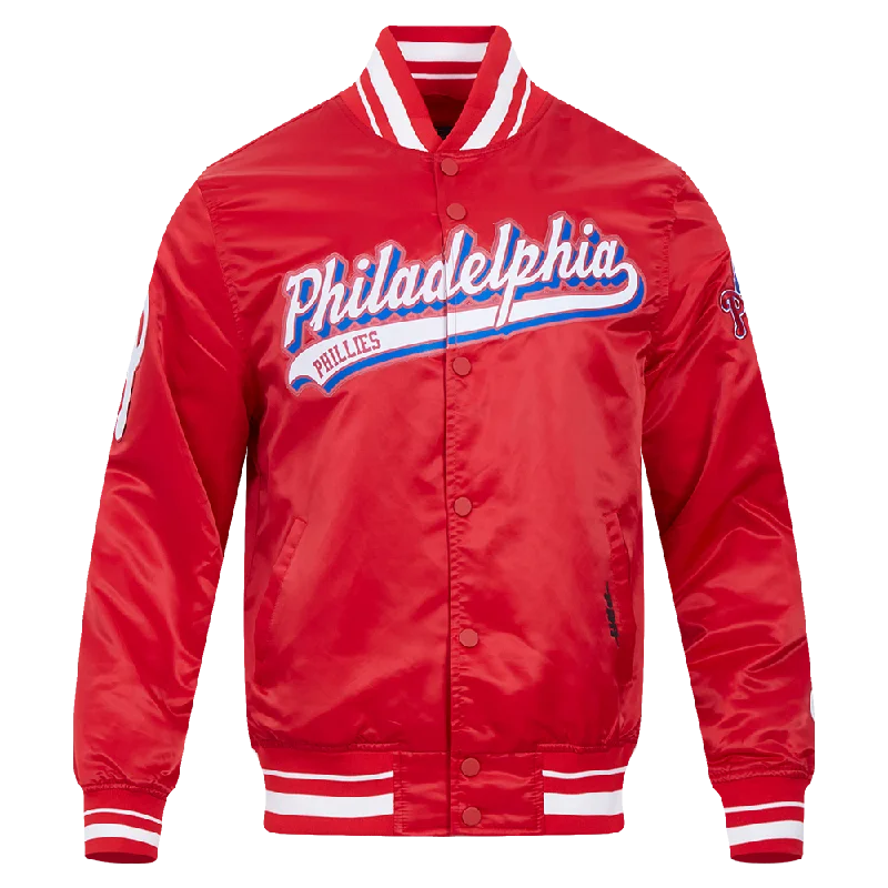 men's high-performance jackets -MLB PHILADELPHIA PHILLIES SCRIPT TAIL MEN'S SATIN JACKET (RED)