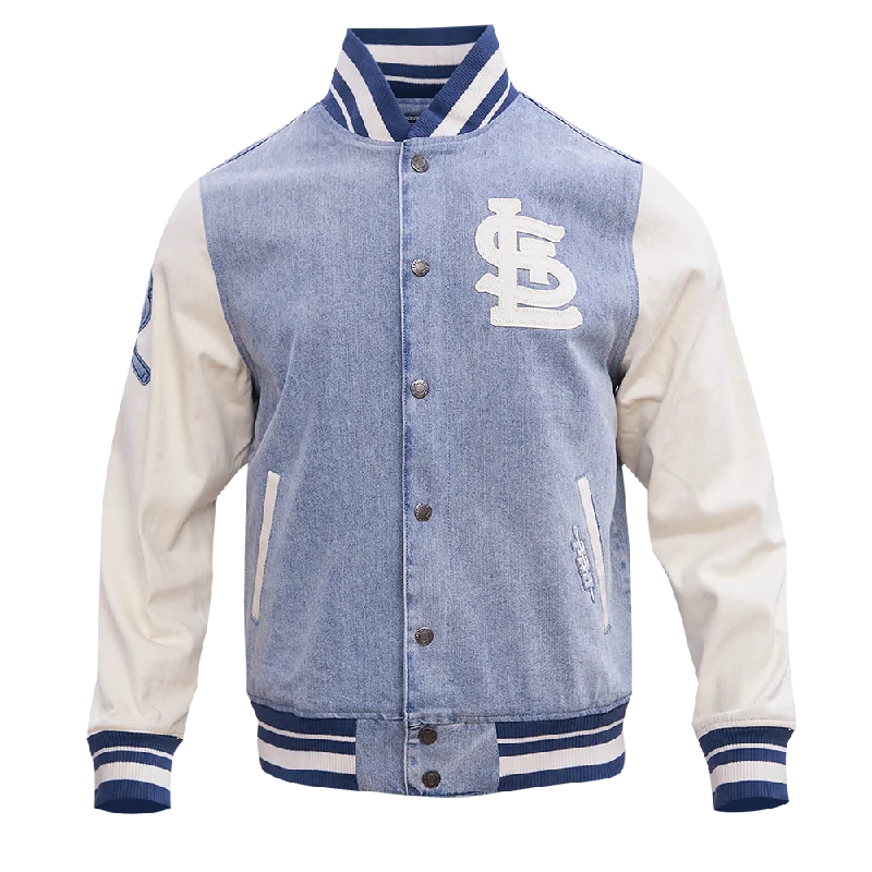 men's coat jackets for fall -MLB ST. LOUIS CARDINALS VARSITY BLUES MEN'S DENIM VARSITY JACKET (DENIM/LINEN)