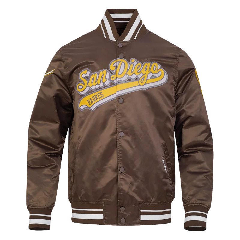 men's fleece jackets for cold weather -MLB SAN DIEGO PADRES SCRIPT TAIL MEN'S SATIN JACKET (BROWN)