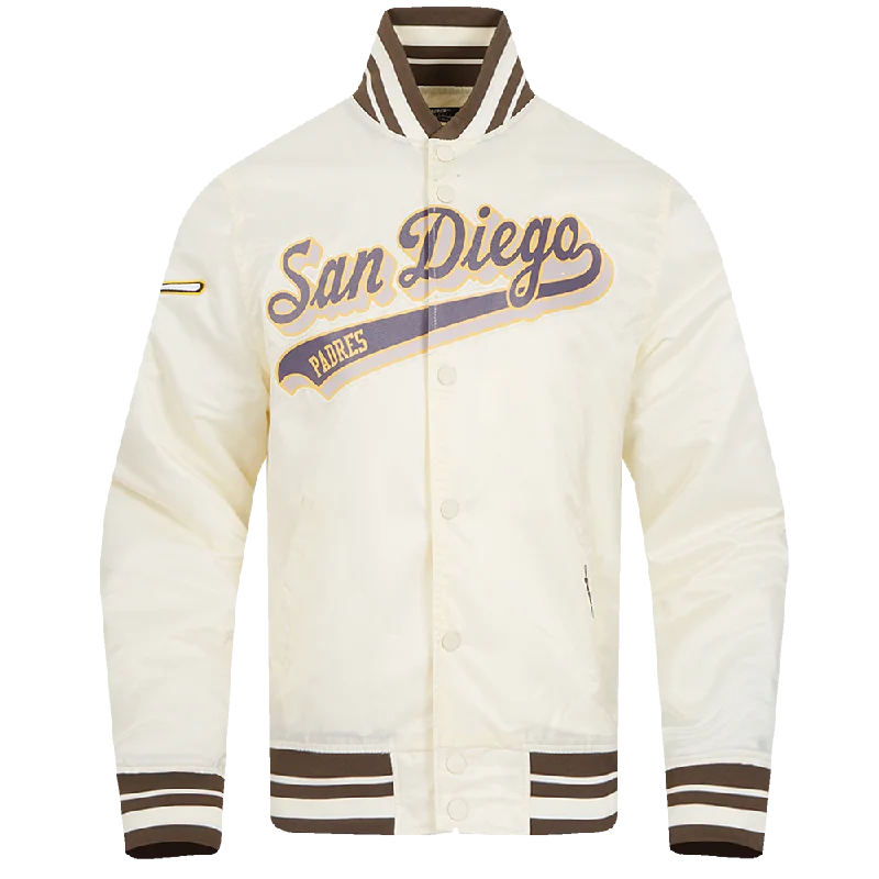 men's luxury jackets -MLB SAN DIEGO PADRES SCRIPT TAIL MEN'S SATIN JACKET (EGGSHELL/ BROWN)