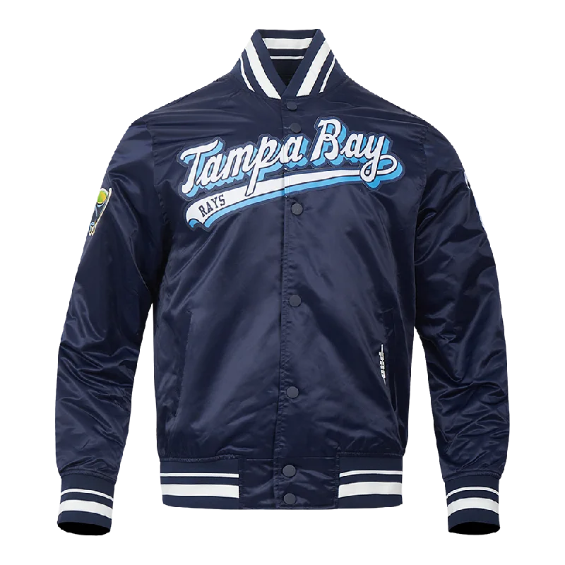 men's coat jackets for winter -MLB TAMPA BAY RAYS SCRIPT TAIL MEN'S SATIN JACKET (MIDNIGHT NAVY)