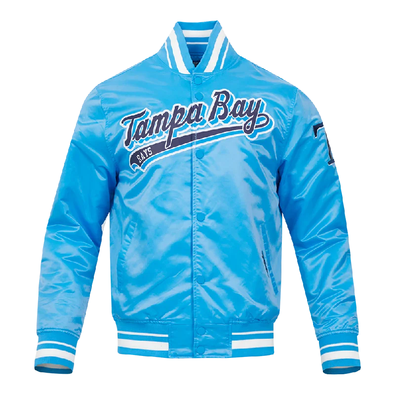 men's lightweight puffer jackets -MLB TAMPA BAY RAYS SCRIPT TAIL MEN'S SATIN JACKET (UNIVERSITY BLUE)