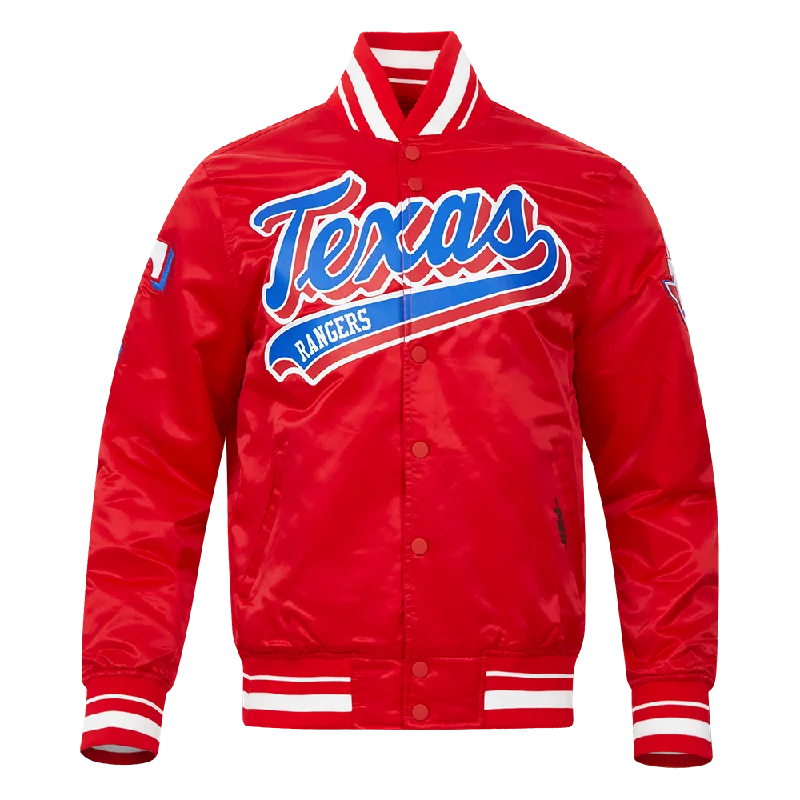 men's stylish jackets -MLB TEXAS RANGERS SCRIPT TAIL MEN'S SATIN JACKET (RED)