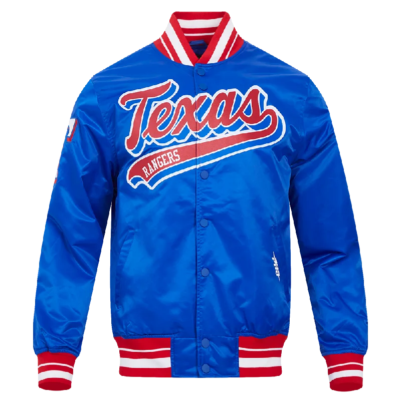 men's fleece jackets -MLB TEXAS RANGERS SCRIPT TAIL MEN'S SATIN JACKET (ROYAL BLUE/RED)