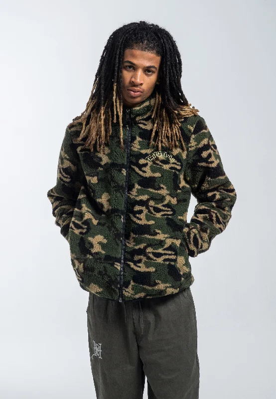 men's fleece jackets -Mens Dragon & Rose Camo Zip Thru Borg Fleece Jacket - Green Camo