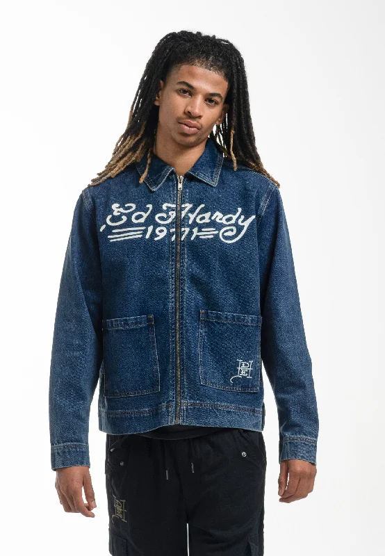 men's checked jackets -Mens Panther Denim Team Jacket - Indigo