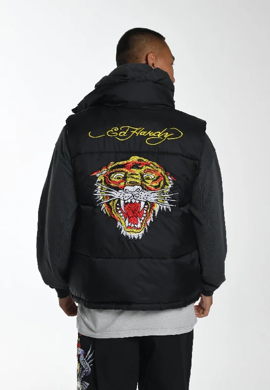 men's fashionable jackets -Mens Tiger-Head-Gillet Puffer Jacket - Black