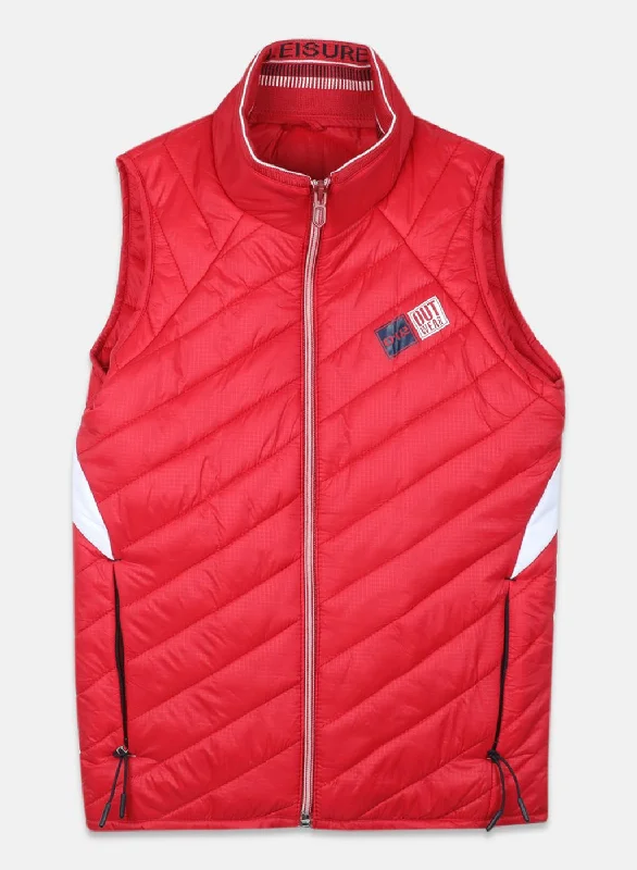 men's fashion jackets -Boys Red Self Design Jacket