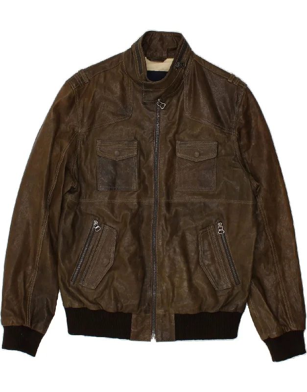 men's military jackets -PAUL ROSEN Mens Leather Jacket IT 50 Large Brown Leather