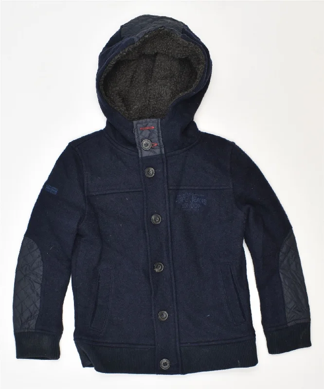 men's bomber jackets -PEPE JEANS Boys Hooded Bomber Jacket 7-8 Years Navy Blue Polyester