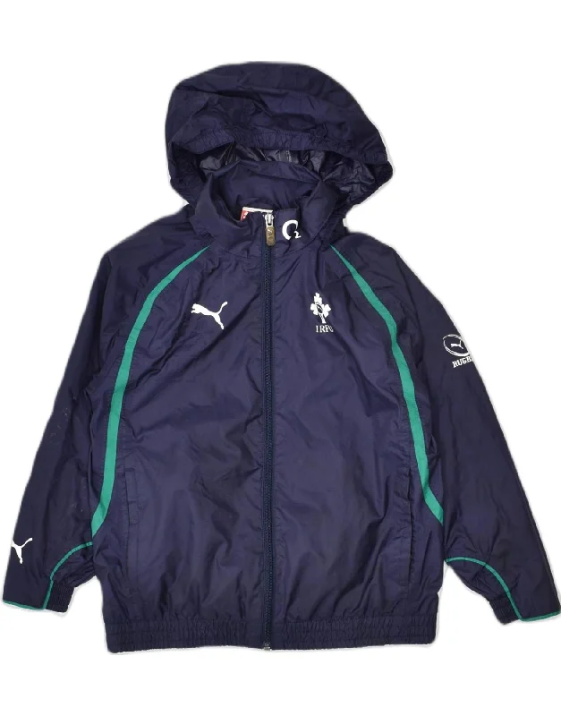 men's zippered windbreaker jackets -PUMA Boys Graphic Hooded Rain Jacket 7-8 Years Navy Blue Nylon