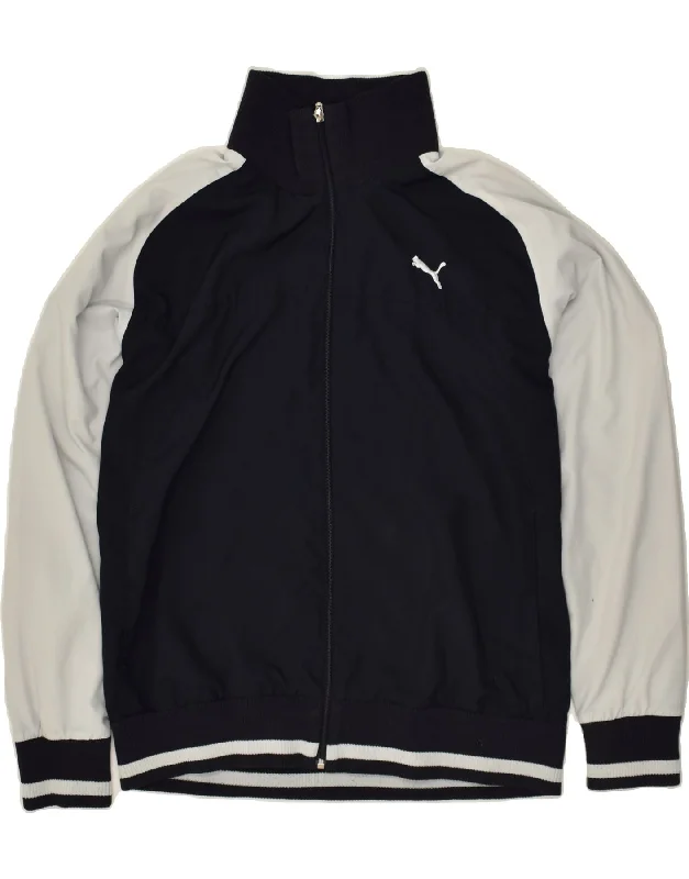 men's athletic jackets -PUMA Mens Graphic Bomber Jacket UK 38 Medium Navy Blue Colourblock