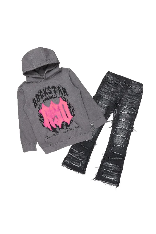 men's stylish hoodie sweatshirt -Girls Sandie Black/Vintage Grey Hoodie/Stacked Flare Jean Set