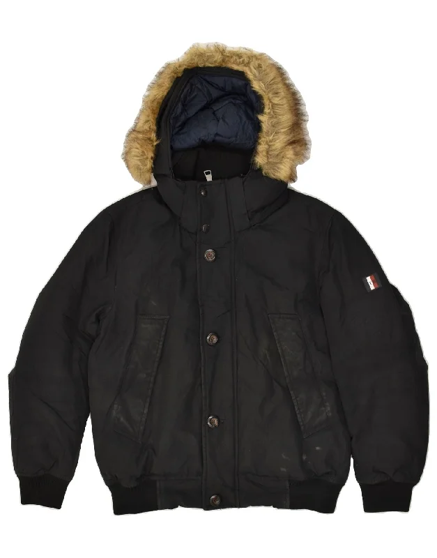 men's stylish bomber jackets -TOMMY HILFIGER Mens Hooded Padded Jacket UK 38 Medium Black Cotton