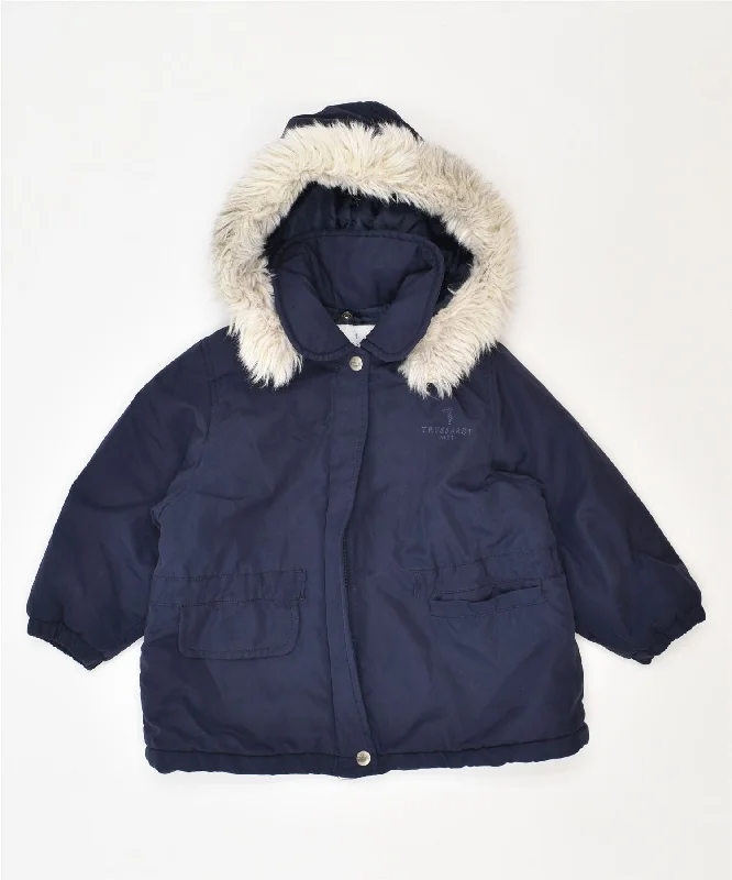 men's denim jacket with hoodie -TRUSSARDI Girls Hooded Padded Jacket 3-4 Years Navy Blue Polyester