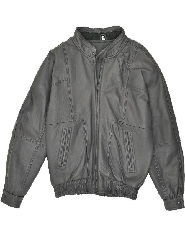 men's zippered windbreaker jackets -VINTAGE Mens Bomber Leather Jacket IT 50 Large Grey Leather