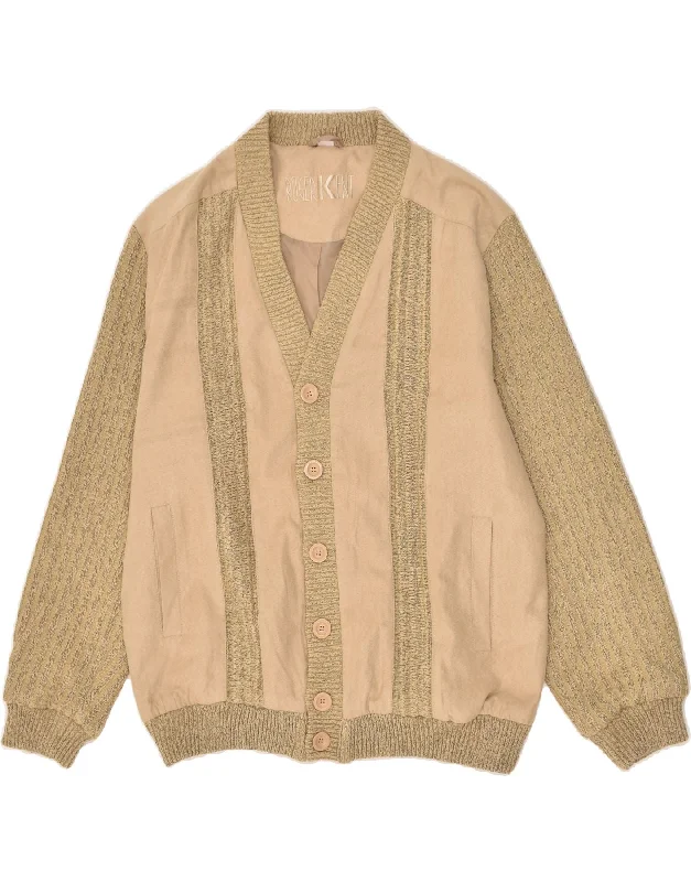 men's military jackets -VINTAGE Mens Knit Bomber Jacket UK 40 Large Beige Striped Polyacrylic