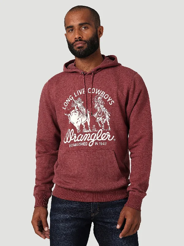 men's warm hoodie sweatshirt -Men's Wrangler Long Live Cowboys Pullover Hoodie In Burgundy Heather