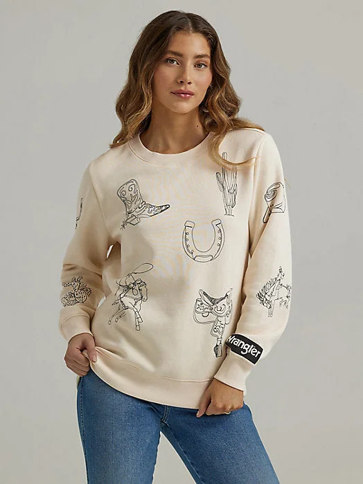 men's hoodie sweatshirt with colorful design -Womens Cowboy Icons Pullover Sweatshirt - Egret