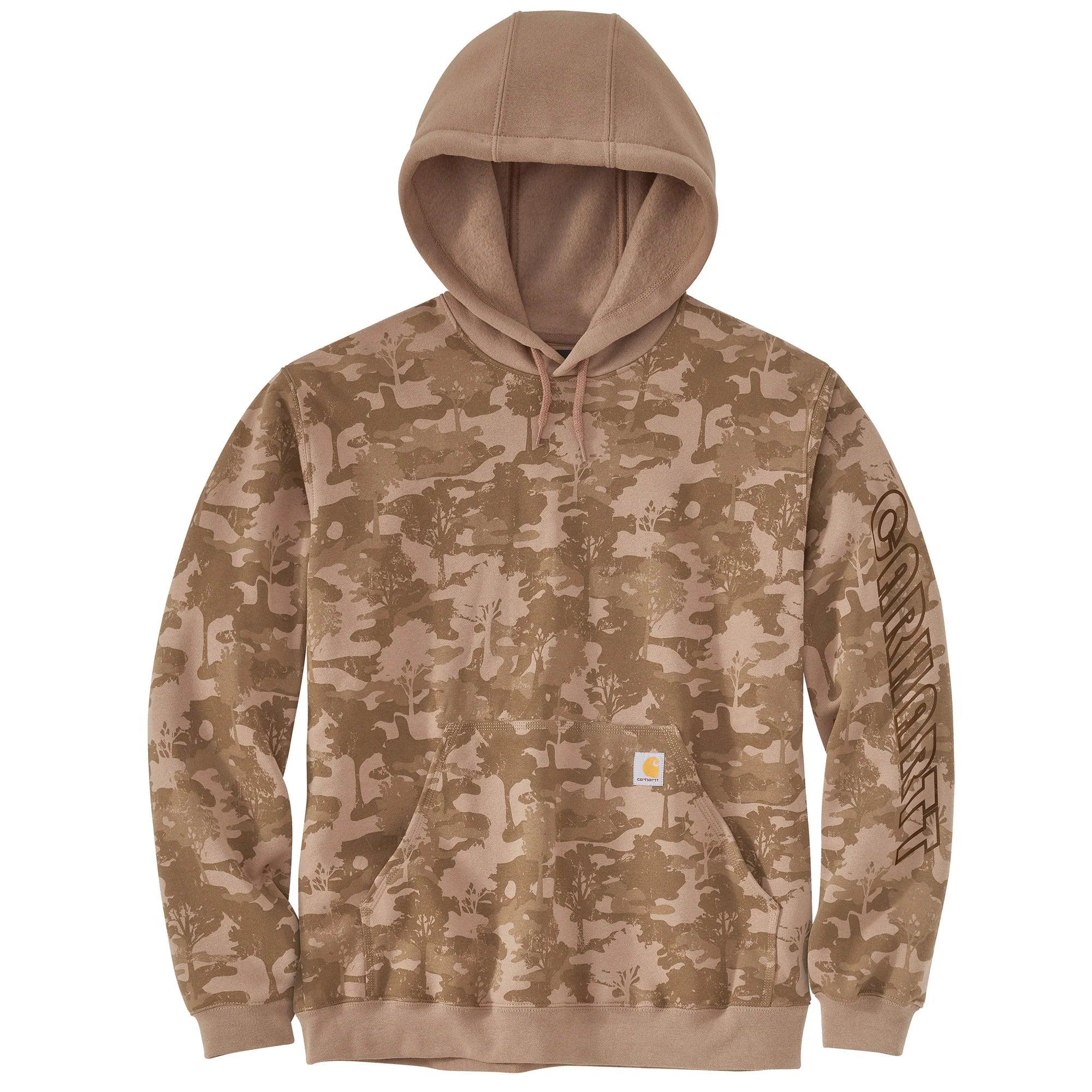 men's hoodie sweatshirt for music festivals -Loose Fit Midweight Hooded Camo Logo Graphic Sweatshirt - Flaxseed Tree Camo