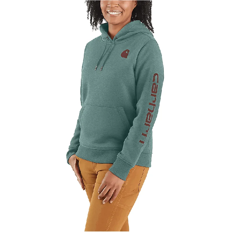 men's hoodie sweatshirt for outdoor adventures -102791 - Women's relaxed fit midweight logo sleeve graphic hoodie - Sea Pine Heather w/Sable graphic